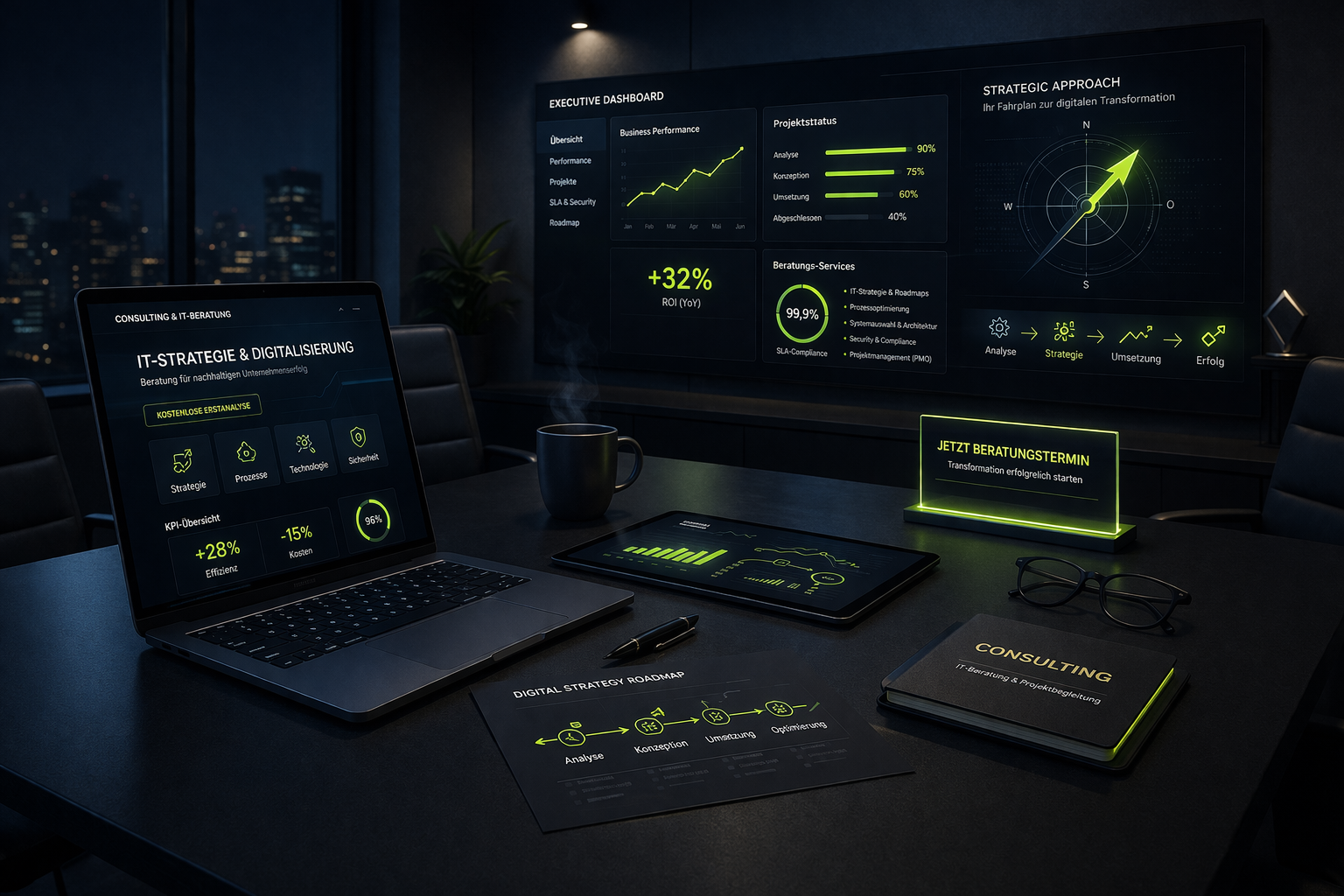 IT-Beratung und digitale Strategien für Unternehmen Arbeitsplatz mit Laptop und Analyse-Dashboards, zeigt strategische IT-Beratung, Datenanalyse und digitale Optimierung für Unternehmen