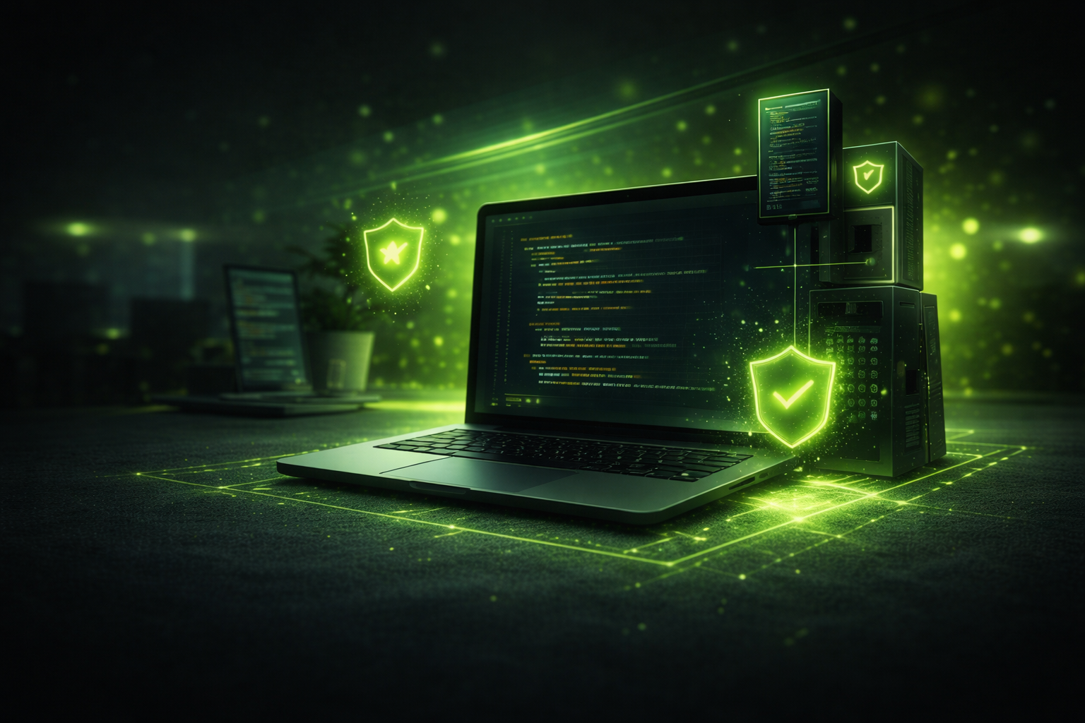 Individuelle Softwareentwicklung für Unternehmen Laptop mit Code und leuchtenden Sicherheitssymbolen in grünem Licht, steht für individuelle Softwareentwicklung, sichere Anwendungen und digitale Prozesse