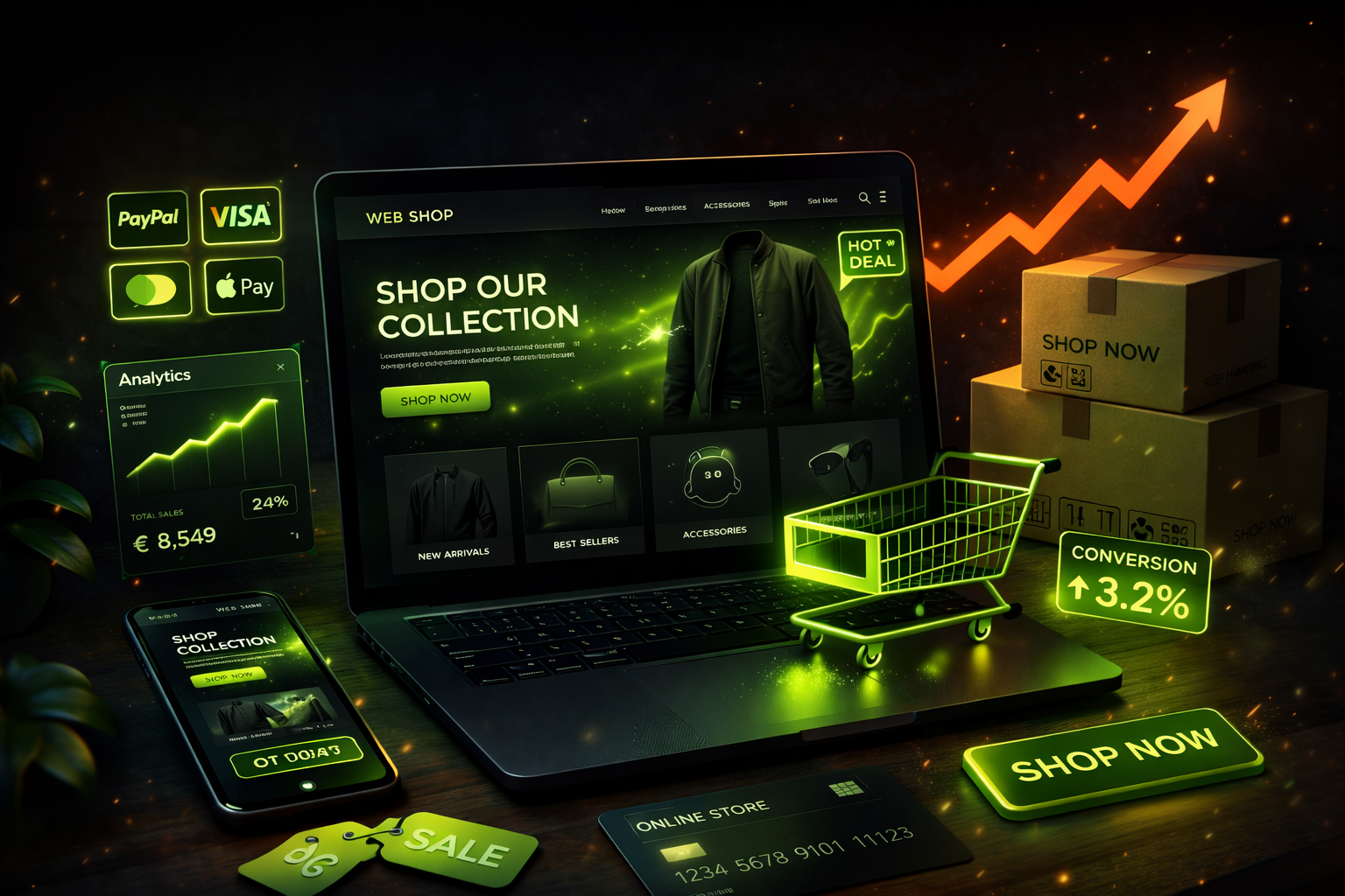 E-Commerce und Webshop Lösungen für mehr Umsatz Laptop mit Online-Shop, Einkaufswagen und Produktdarstellung im Neonstil, symbolisiert verkaufsstarke Webshops und digitalen Handel