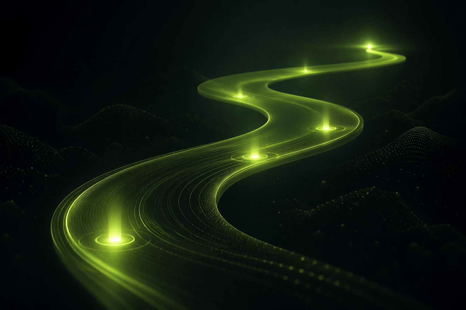 Leuchtender Weg mit digitalen Knotenpunkten Abstrakter grüner Lichtpfad mit leuchtenden Knotenpunkten auf dunklem Hintergrund.