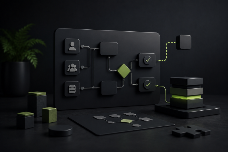 Abstrakte dunkle 3D-Visualisierung eines digitalen Workflows mit verbundenen Elementen, Datenflüssen und modularen Prozessbausteinen in grünen Akzenten.