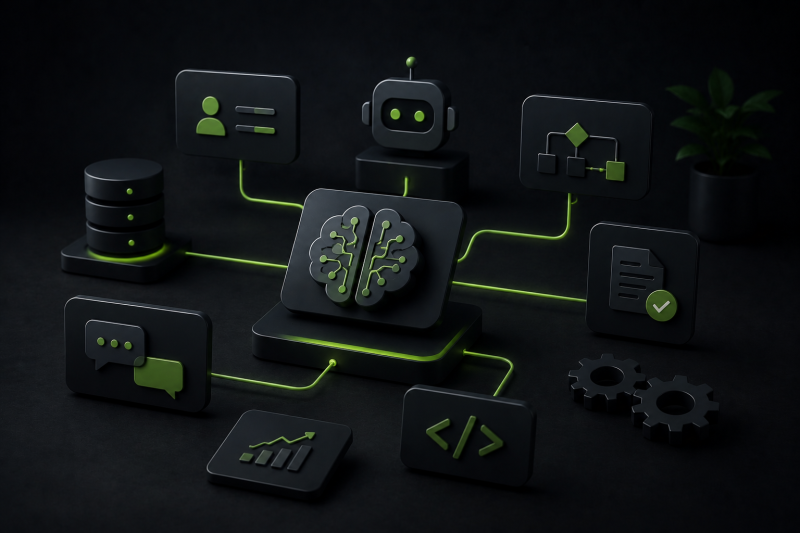 Dunkle futuristische 3D-Visualisierung einer KI-Plattform mit vernetzten Assistenten, Automatisierungen, Datenflüssen und modularen Prozesssymbolen in modernem Tech-Stil mit grünen Akzenten.