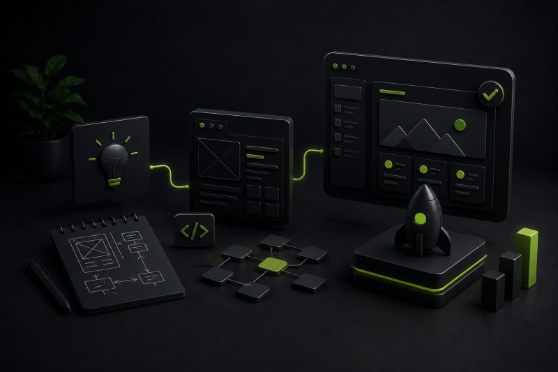 Dunkle futuristische 3D-Visualisierung eines digitalen Entwicklungsprozesses mit Prototypen, UI-Konzepten, modularen Systemen und Startup-orientierten Produktideen in modernem Tech-Stil mit grünen Akzenten.