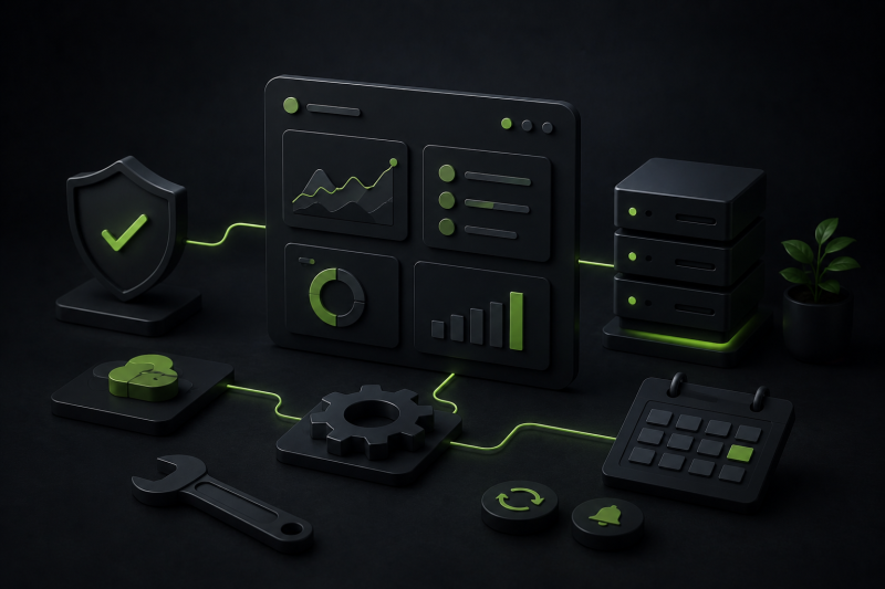 Dunkle futuristische 3D-Visualisierung eines digitalen System-Dashboards mit Servern, Monitoring-Elementen, Sicherheits- und Wartungssymbolen sowie grünen leuchtenden Verbindungen im modernen Tech-Stil.