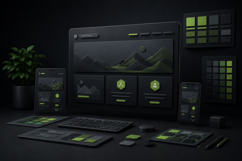 Dunkle 3D-Visualisierung einer modernen Webplattform mit abstrahierten Benutzeroberflächen, responsiven Geräten und grünen Akzenten im futuristischen UI-Design-Stil.