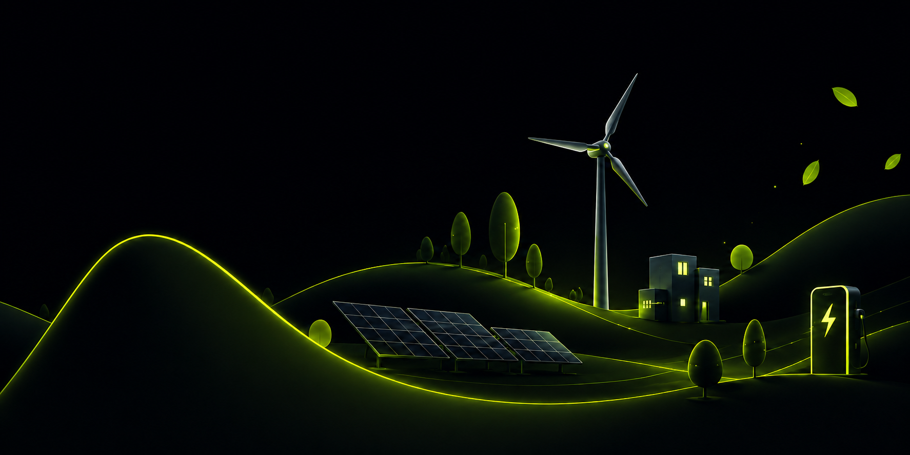 Erneuerbare Energien und digitale Infrastruktur Abstrakte Darstellung einer nachhaltigen Infrastruktur mit Solaranlagen, Windkraftanlage, Gebäuden und E-Ladestation in einer vernetzten digitalen Landschaft.