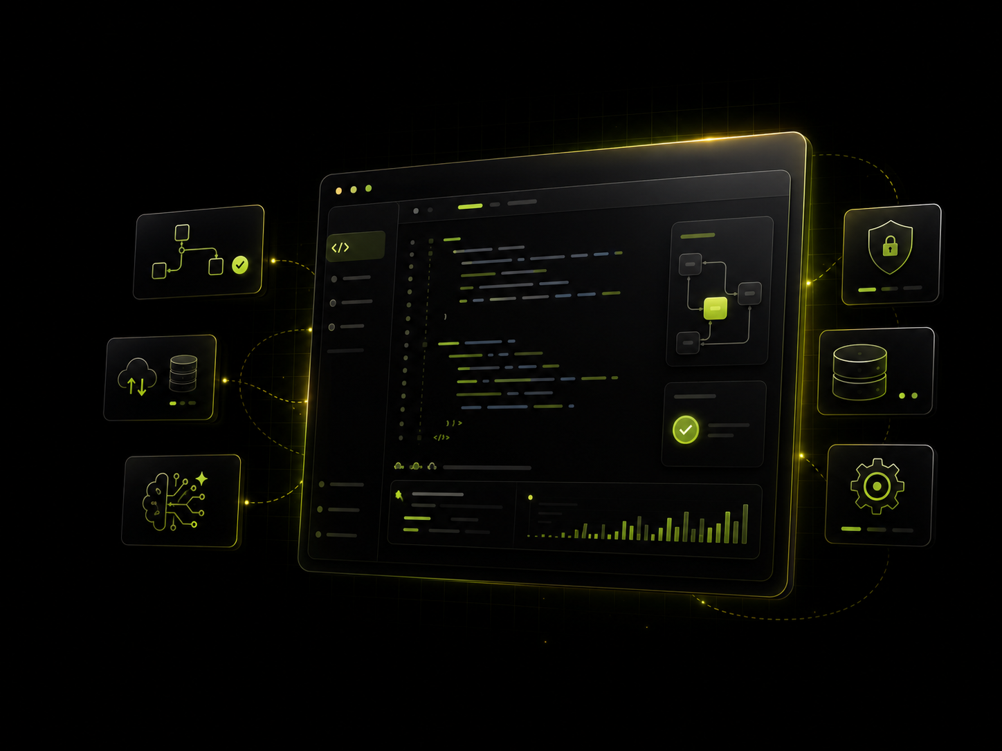 Individualsoftware, die Geschäftsprozesse passgenau abbildet Dunkle Hero-Grafik mit Codefenster, Prozess-Kacheln, Datenbank-, Sicherheits- und Automatisierungs-Icons als Symbol für individuelle Softwareentwicklung, Web-Apps, SaaS-Plattformen und KI-gestützte Automatisierung.