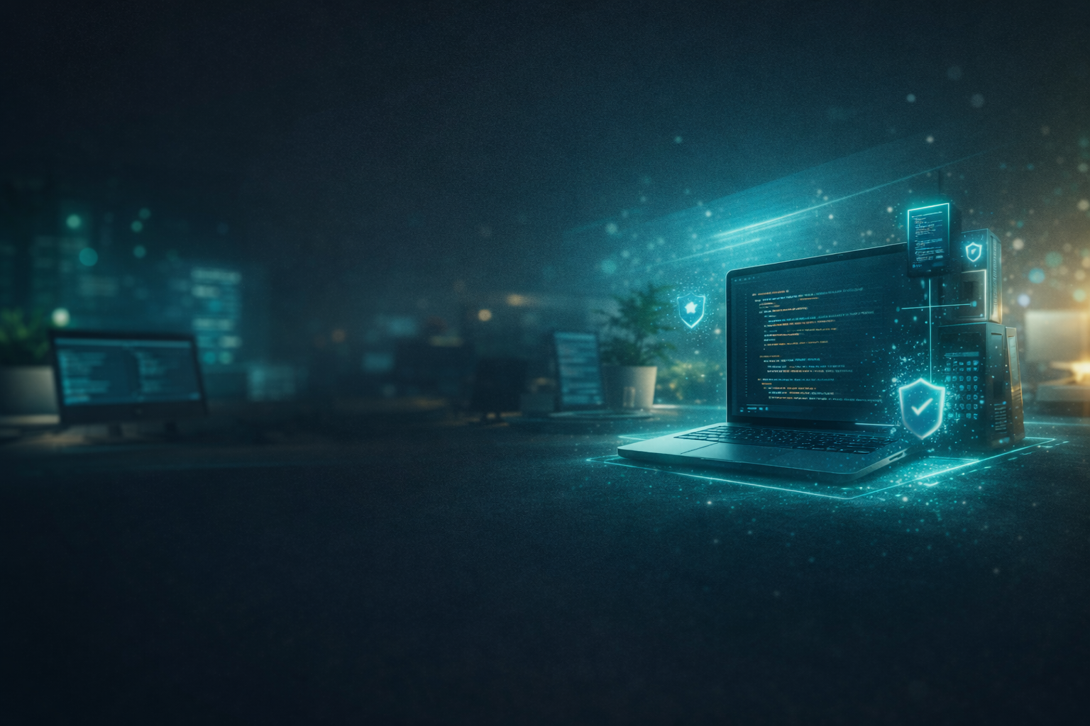 Laptop mit Code und Sicherheits-Icons als Symbol für individuelle Softwareentwicklung und IT-Sicherheit