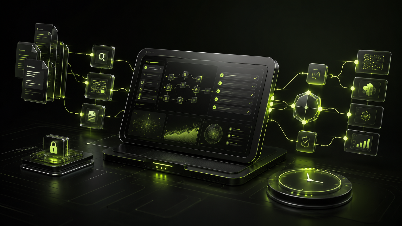 KI-Automation-Workflow-Dashboard für automatisierte Geschäftsprozesse Abstrakte 3D-Visualisierung eines dunklen KI-Automation-Dashboards mit vernetzten Workflow-Knoten, Datenströmen, Entscheidungslogik und grünen Akzentlichtern.