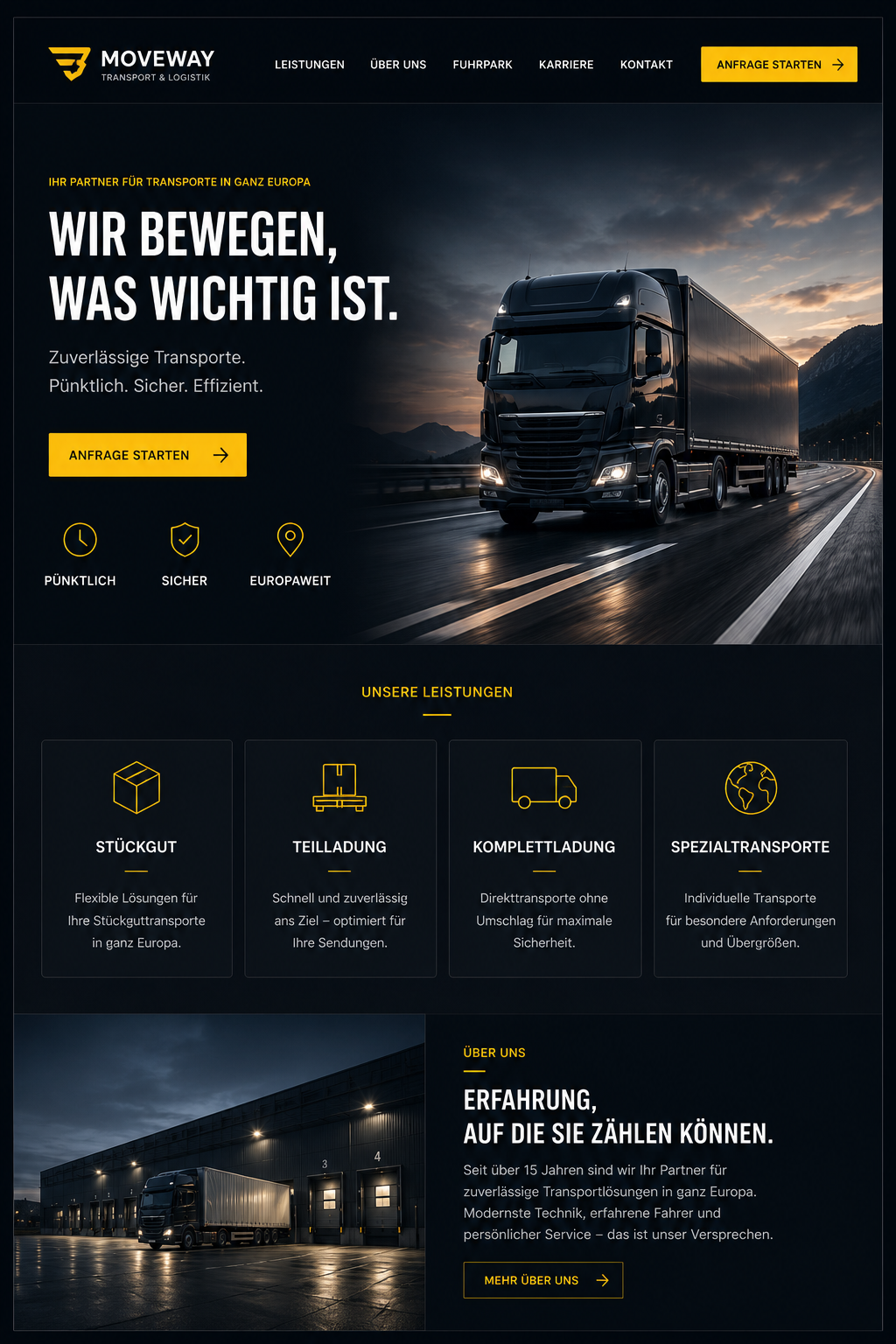Landingpage: Entwurf nach Überarbeitung Überarbeitete dunkle Landingpage mit großem Titel, Bild und Inhaltsbereichen.