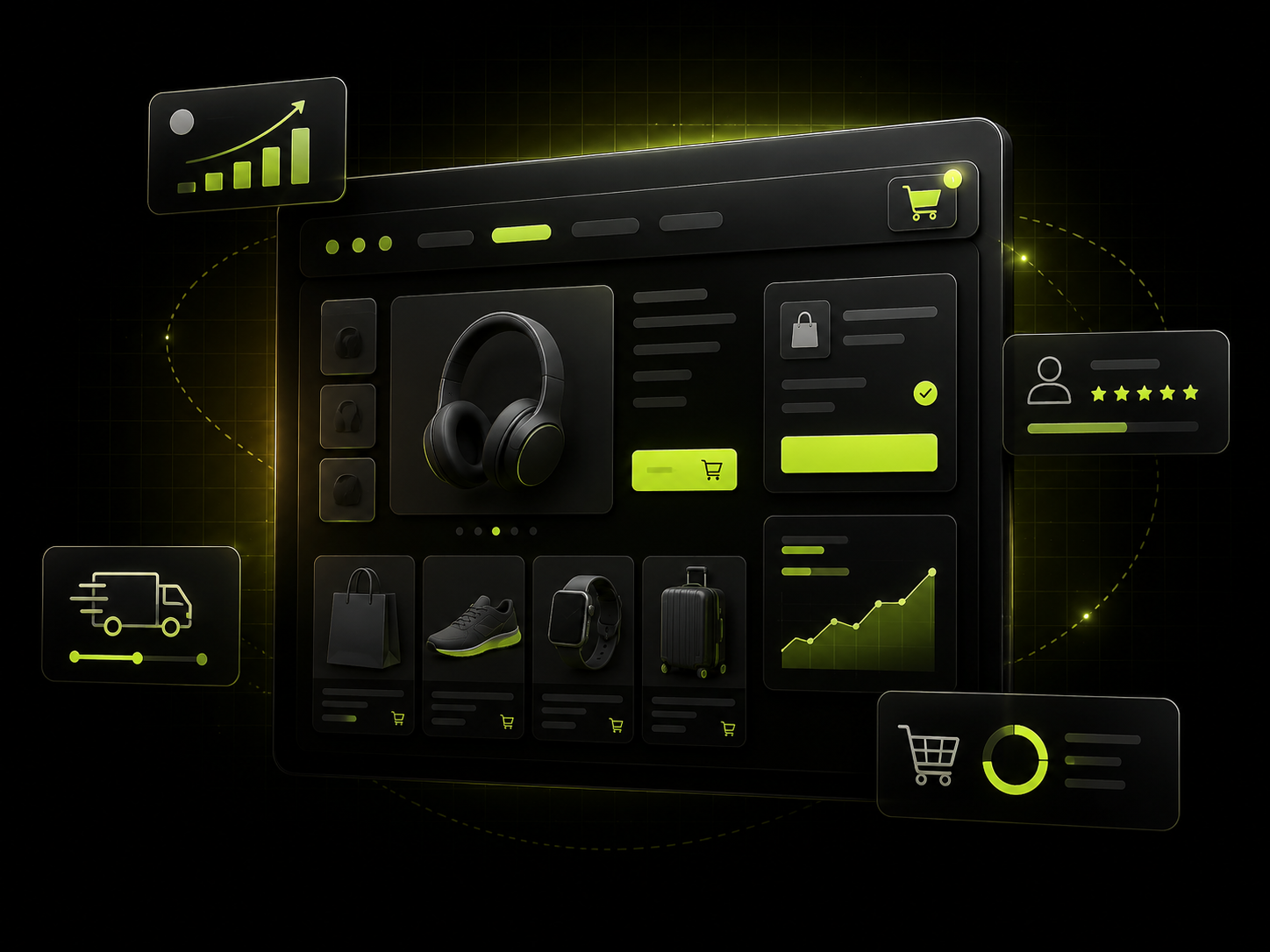 Moderner Online-Shop mit E-Commerce-Dashboard Dunkles 3D-Hero-Bild eines modernen Online-Shops mit Produktkarten, Warenkorb, Checkout-Bereich, Versand- und Analyse-Elementen in grünen Neon-Akzenten.
