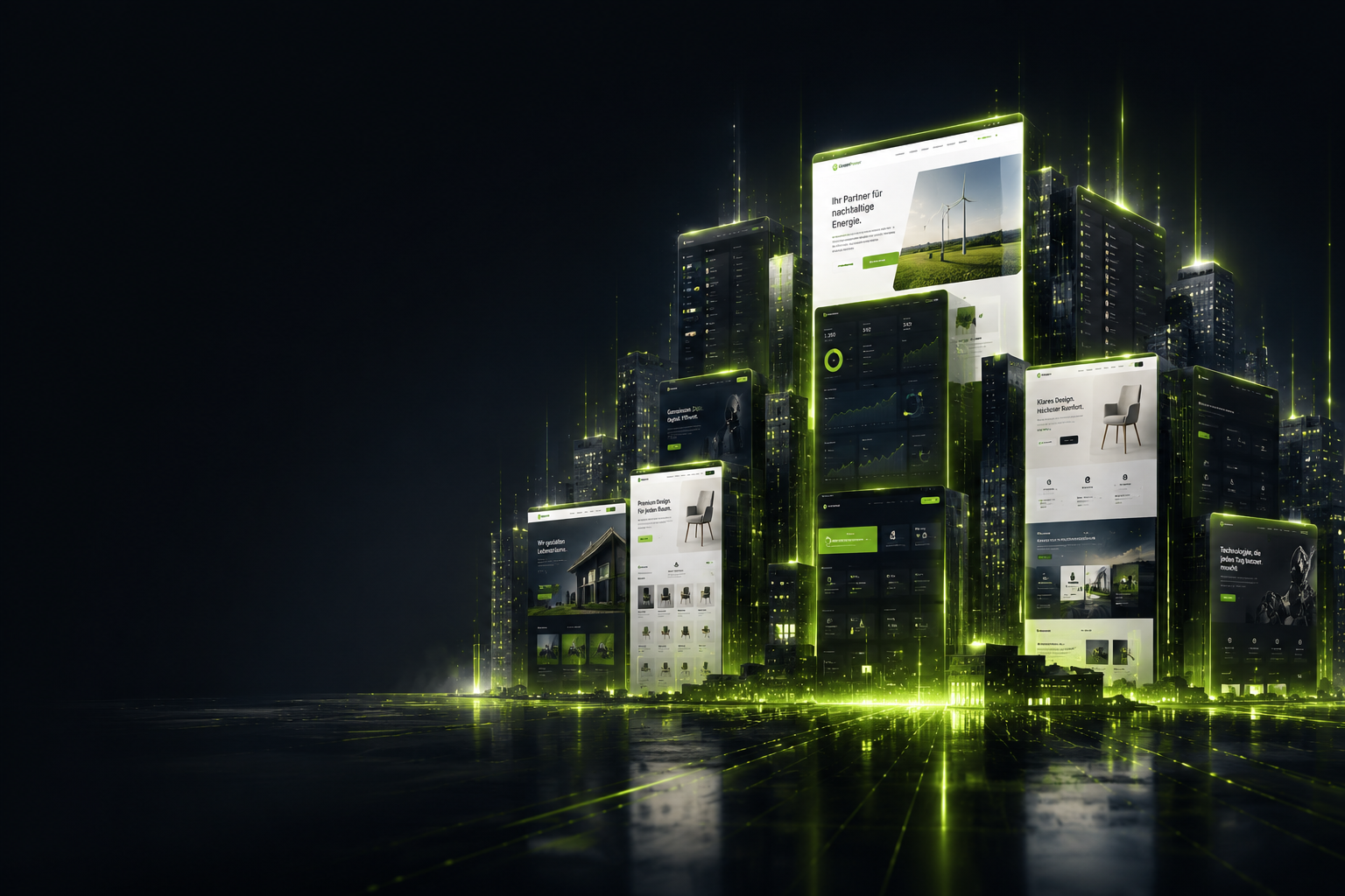 Digitale Projekte und individuelle Softwarelösungen von PCSG Futuristische Darstellung erfolgreicher Kundenprojekte aus den Bereichen Websites, Online-Shops, Portale und individuelle Softwareentwicklung.
