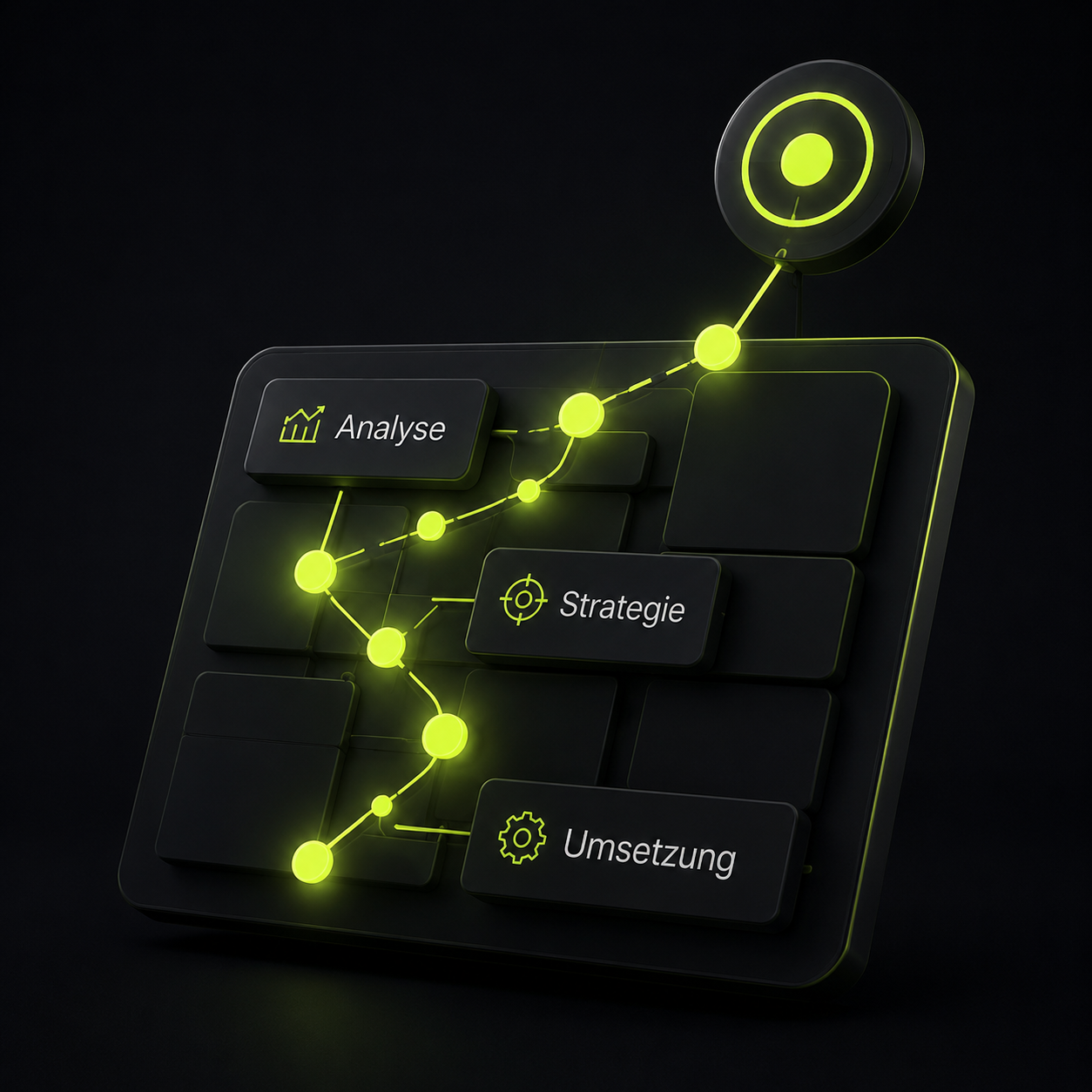 Digitale Strategieentwicklung mit Analyse, Planung und Umsetzung als visualisierter Workflow.