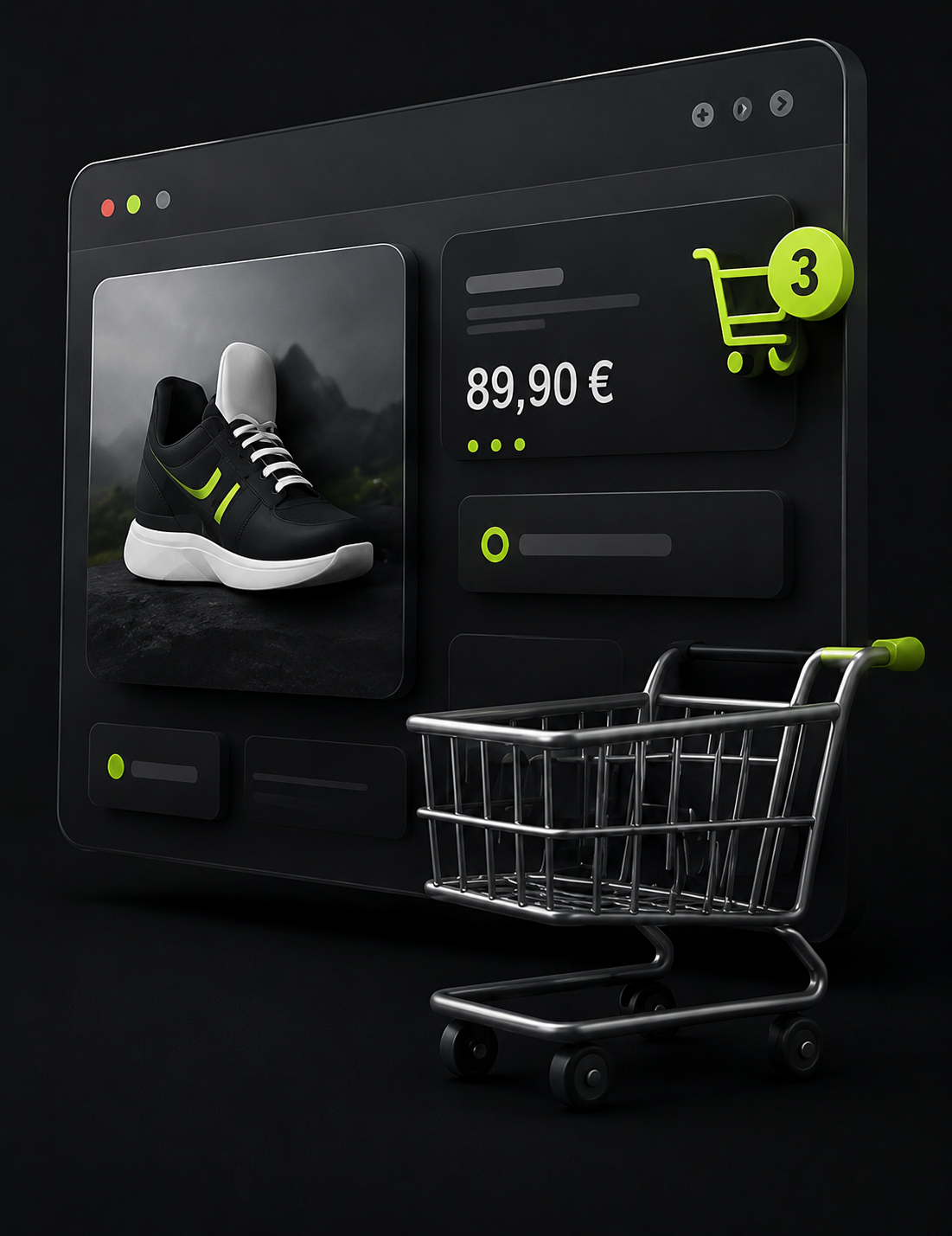 Moderne E-Commerce-Plattform mit Produktverwaltung, Warenkorb und digitalem Bestellprozess in einer hochwertigen 3D-Darstellung.