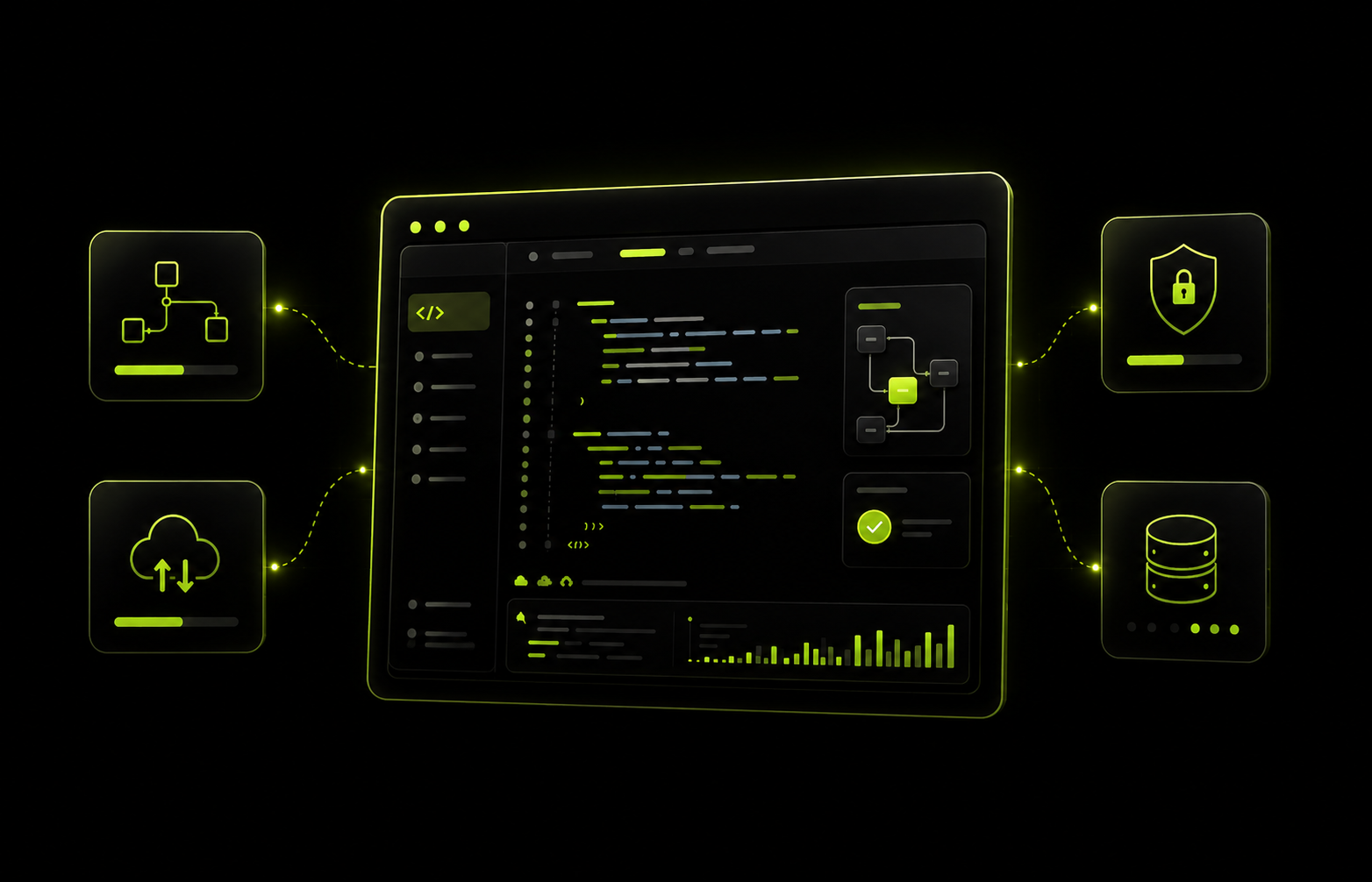 Webhosting, Monitoring & Infrastruktur von PCSG Futuristische Webhosting- und Monitoring-Grafik mit dunklem Interface, Server- und Sicherheitsmodulen sowie neon-grünen Statusanzeigen im PCSG-Design.