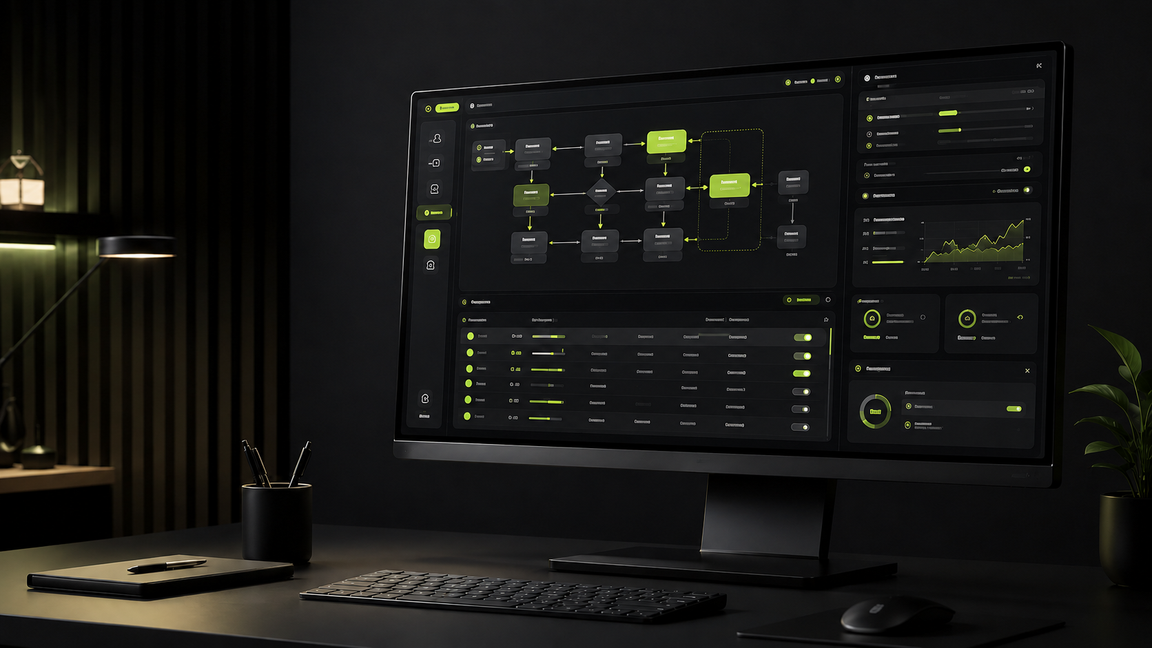 Premium Custom Software MVP Workflow Dashboard Premium 3D-Render einer dunklen Business-Software-Oberfläche auf einem Desktop-Monitor mit modularen Workflow-Blöcken, Datenbereichen und grünen Akzenten für individuelle Prozessdigitalisierung.