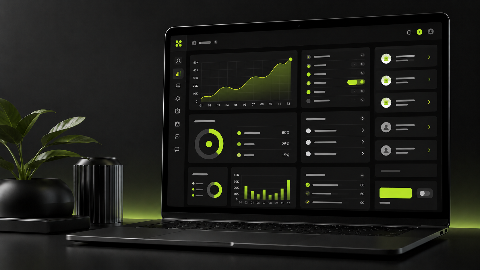 Premium SaaS MVP Web-App Dashboard Premium 3D-Render einer dunklen SaaS-Web-App mit modularen Dashboard-Karten, Analytics-Elementen und dezenten grünen Akzenten auf einem Laptop.