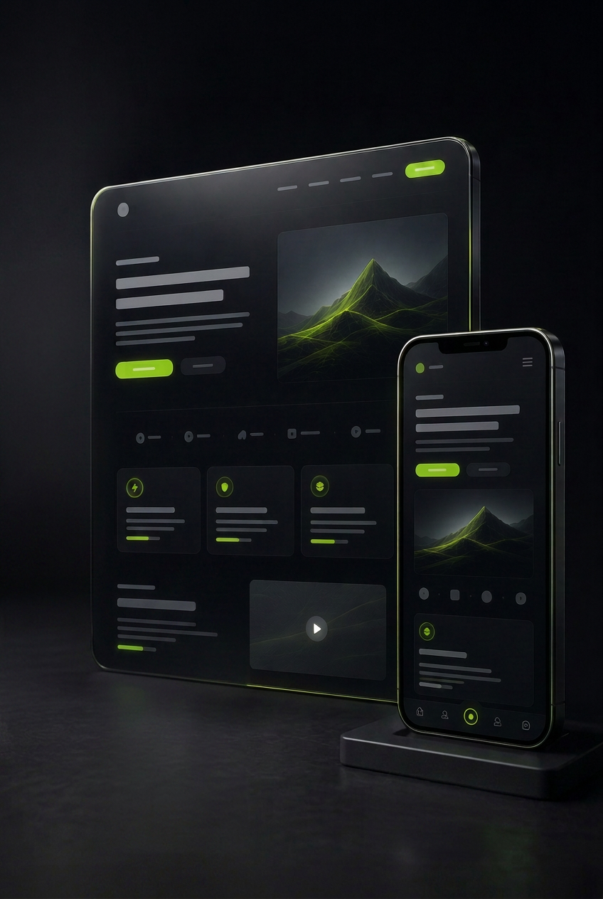 Dunkles 3D-Rendering einer modernen Website auf Desktop- und Smartphone-Ansicht mit limegrünen Akzenten