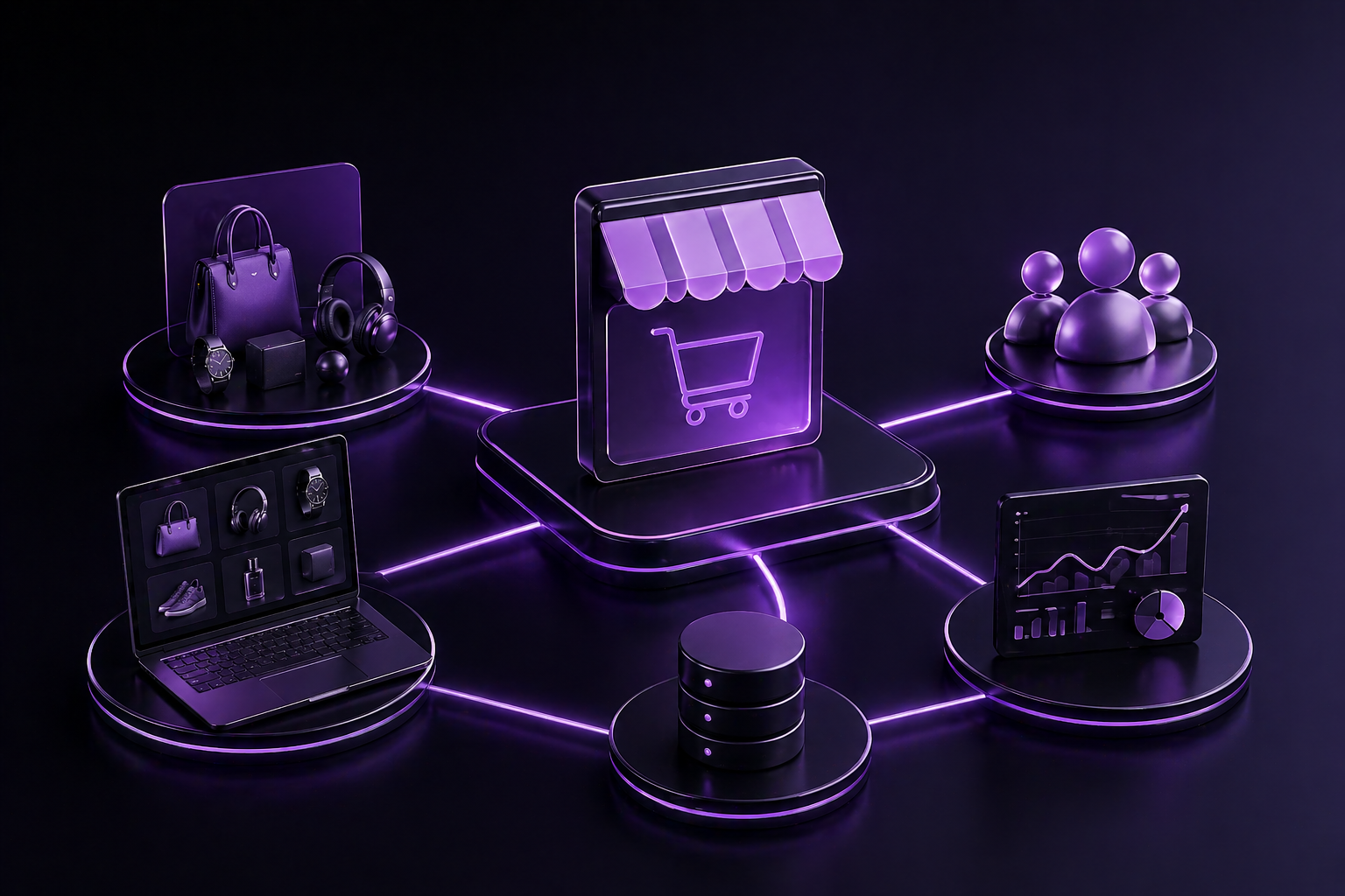 Online-Shop Starter: vernetzte Verkaufsplattform Lila leuchtende 3D-Grafik mit vernetzten Shop- und Produkt-Symbolen.