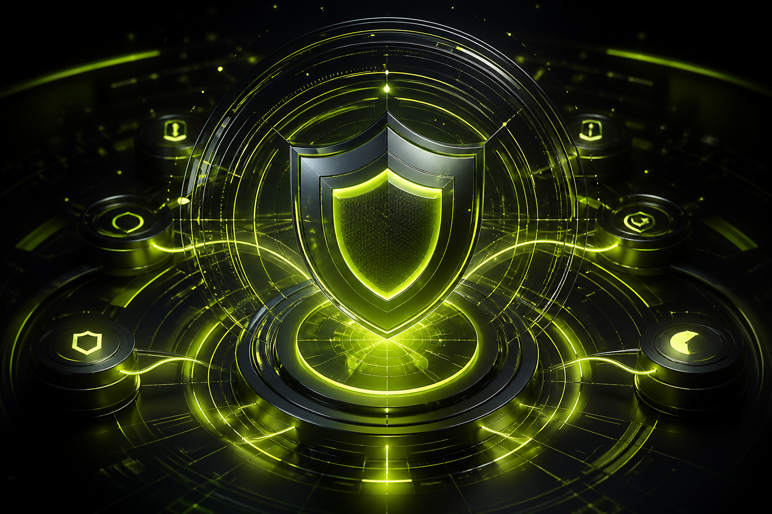 Wartungspaket Standard – Website Sicherheit & Updates Leuchtendes futuristisches Schutzschild umgeben von kreisförmigen digitalen Elementen und grünen Lichteffekten
