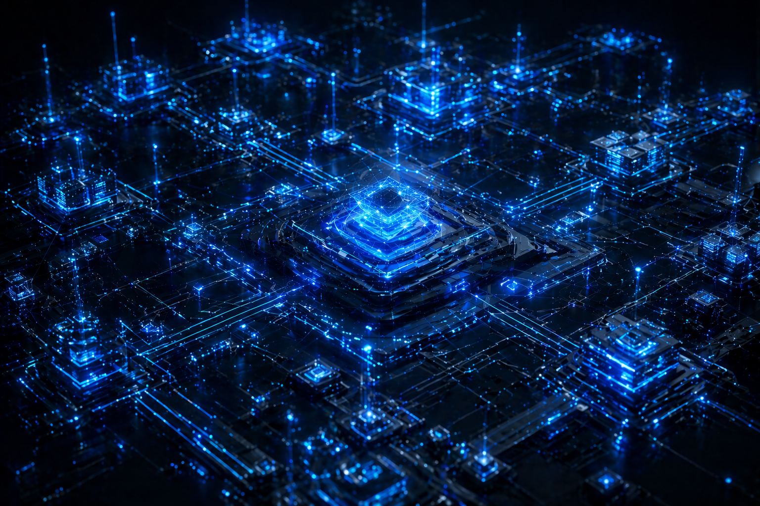Website Platinum: digitale Plattform Komplexes blau leuchtendes Netzwerk aus Website-Modulen.