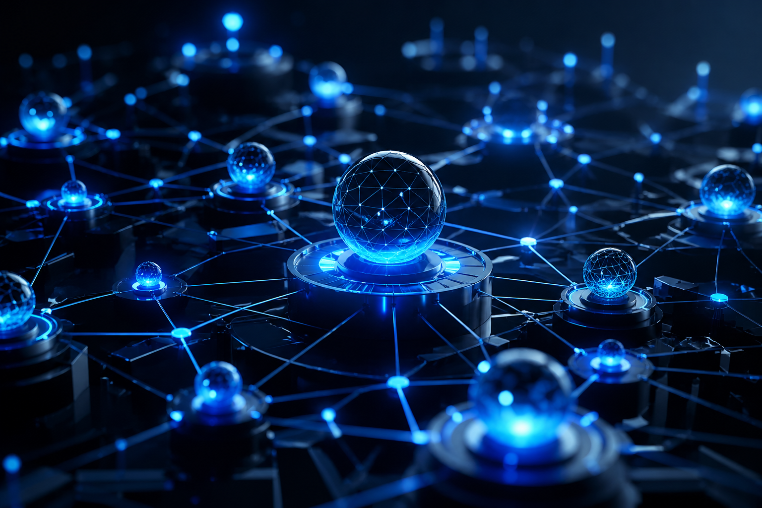 Website Premium: vernetztes Webdesign Blau leuchtende Netzwerk-Knoten um eine zentrale Website-Plattform.