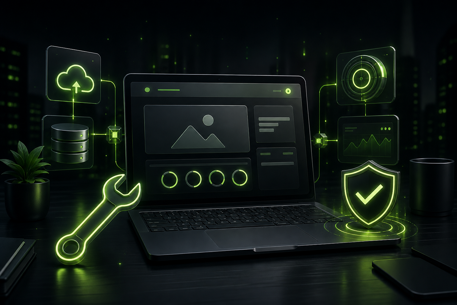 Futuristische 3D-Darstellung eines Laptops mit Website-Interface, Wartungssymbol, Sicherheitsschild und Monitoring-Elementen in grünem Neonlicht, symbolisiert professionelle Website-Pflege und Systemstabilität