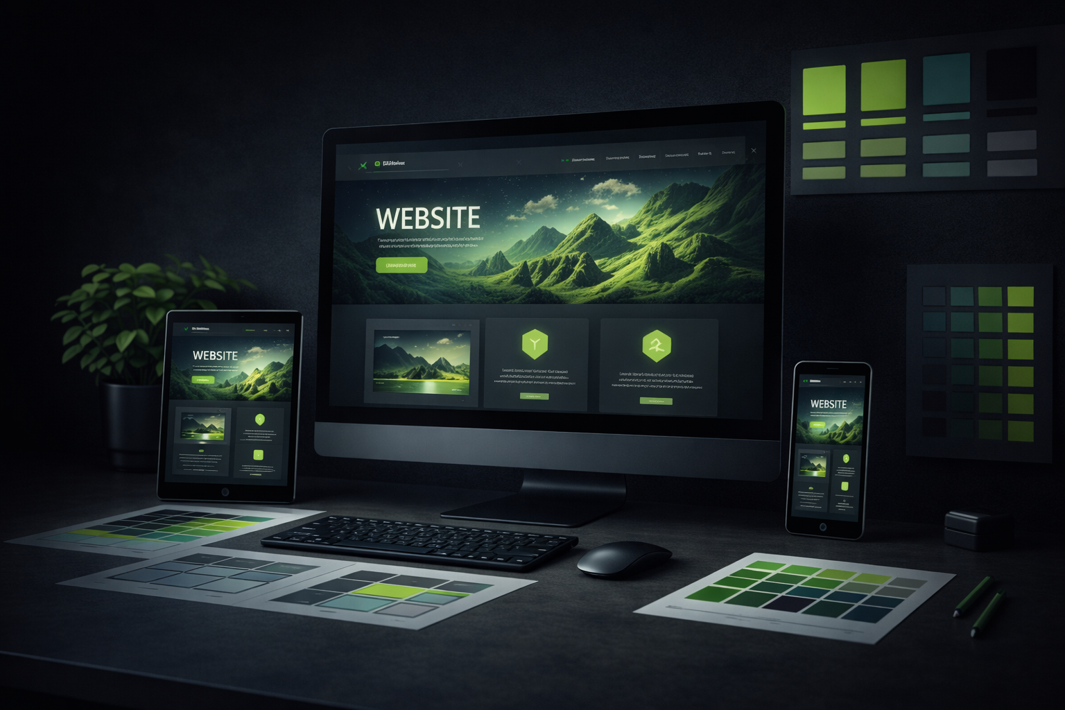 Moderne Desktop-Ansicht einer Website auf mehreren Geräten mit grünem Interface, symbolisiert professionelle Webentwicklung und einen starken Online-Auftritt