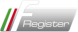 F Register – Logo Logo von F Register mit rot-grünem Streifen und grauem Schriftzug.