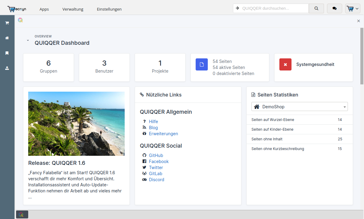 QUIQQER 1.7: Website-Verwaltung Screenshot der QUIQQER-Verwaltung mit Vorschau einer Website.