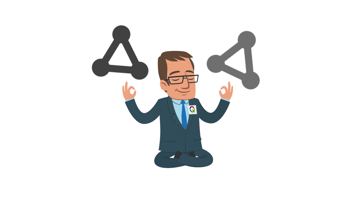 QUIQQER 1.10: Abhängigkeiten Illustration eines Entwicklers mit zwei verbundenen Netzwerksymbolen.