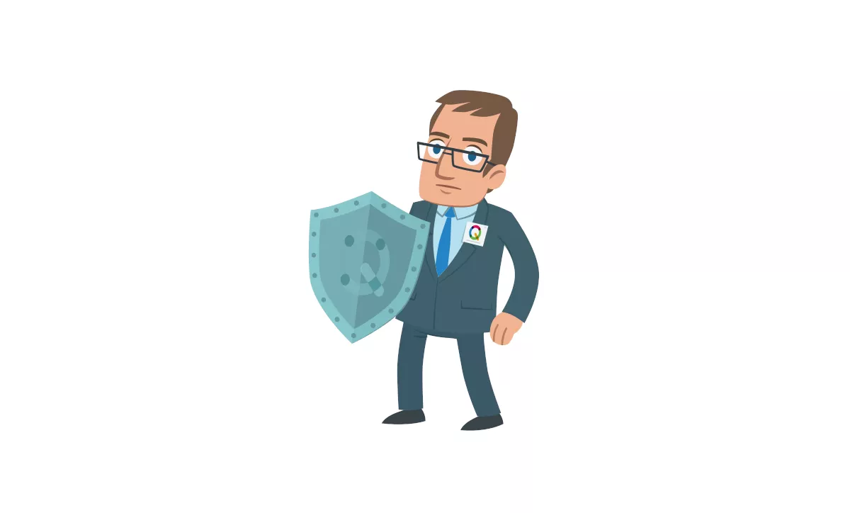QUIQQER 1.8: Sicherheit Illustration eines Entwicklers mit Schutzschild als Symbol für Sicherheit.