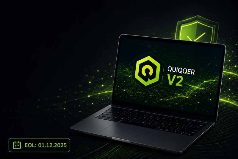 QUIQQER v1 erreicht End-of-Life Futuristische Darstellung eines Laptops mit QUIQQER v2 auf dunklem Hintergrund in Grün-Schwarz. Im Hintergrund sind digitale Netzwerkelemente und ein Sicherheitssymbol zu sehen. Links unten wird das End-of-Life-Datum „01.12.2025“ hervorgehoben. Das Motiv symbolisiert die Migration von QUIQQER v1 auf QUIQQER v2 sowie Sicherheit, Updates und Zukunftsfähigkeit.