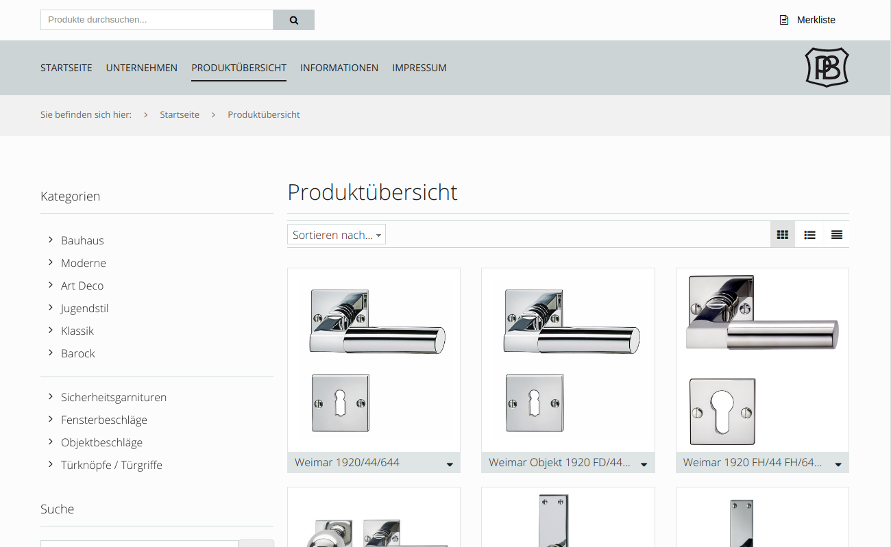 P. Bisschop: Website Screenshot der Website von P. Bisschop mit Produktübersicht für Beschläge.