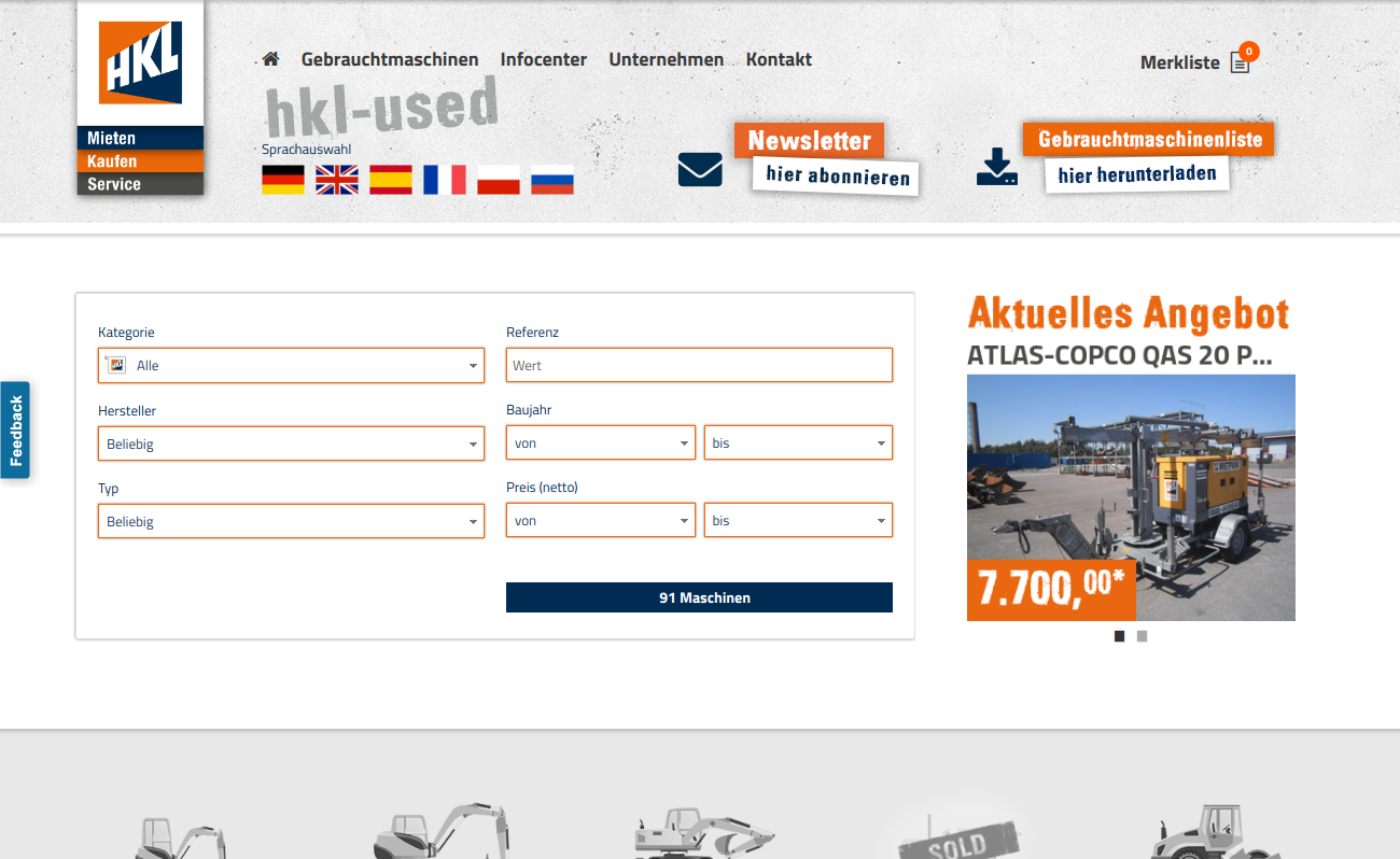 HKL Used: Website Screenshot der HKL-Used-Website für gebrauchte Baumaschinen.