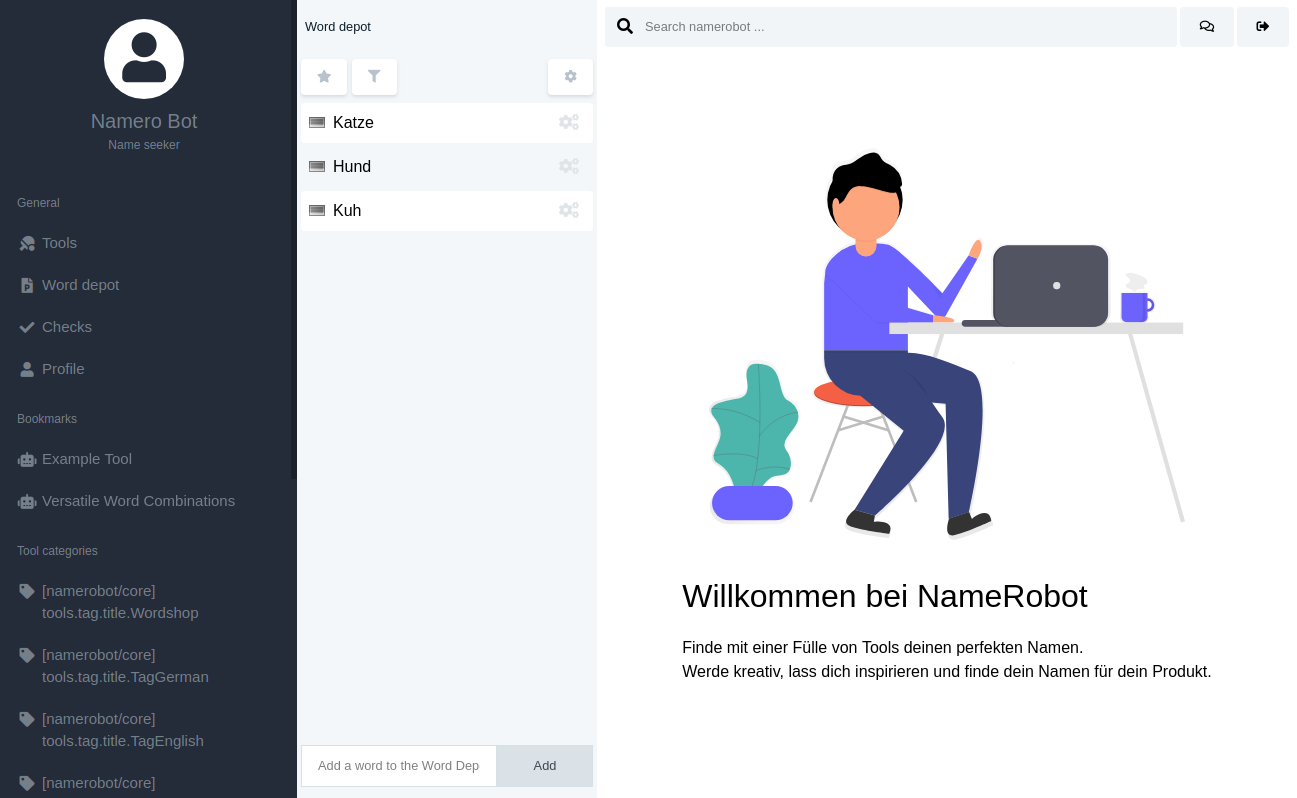 NameRobot: Oberfläche Screenshot der NameRobot-Oberfläche mit Seitenmenü und Willkommensbereich.
