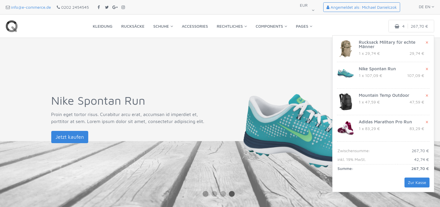 QUIQQER E-Commerce: Website Screenshot einer E-Commerce-Seite mit Produktansicht und Einkaufsfunktion.