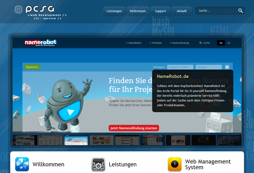 Frühere PCSG-Website Screenshot einer früheren PCSG-Website mit blauem Kopfbereich.