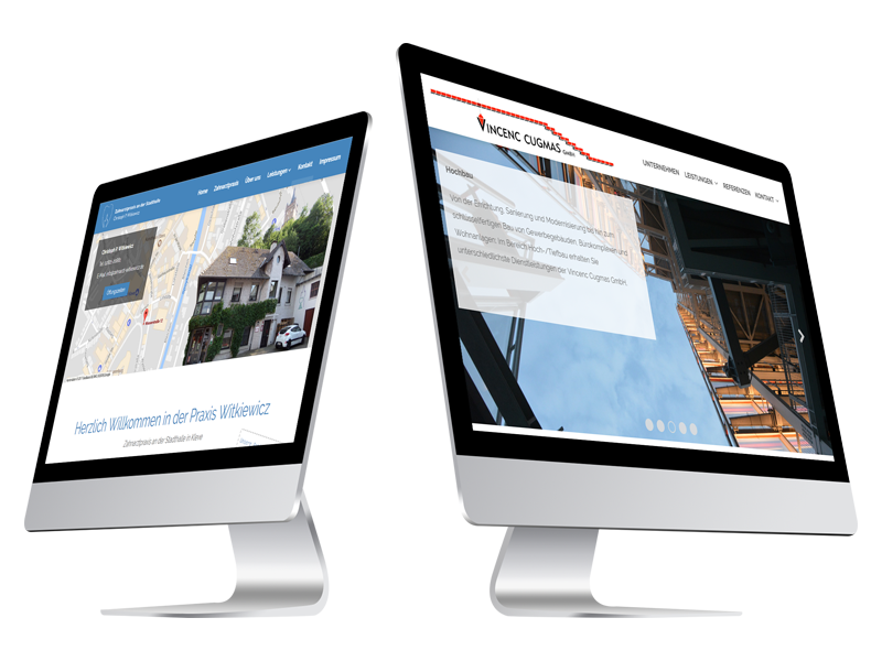 Zwei Bildschirm-Mockups mit Beispielen neuer PCSG-Webprojekte.
