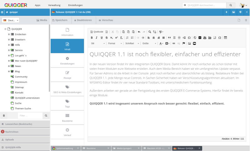Screenshot der QUIQQER-Oberfläche mit geöffnetem Seiteneditor.