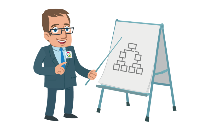 Illustration eines Entwicklers neben einer Tafel mit einem Vererbungsdiagramm.