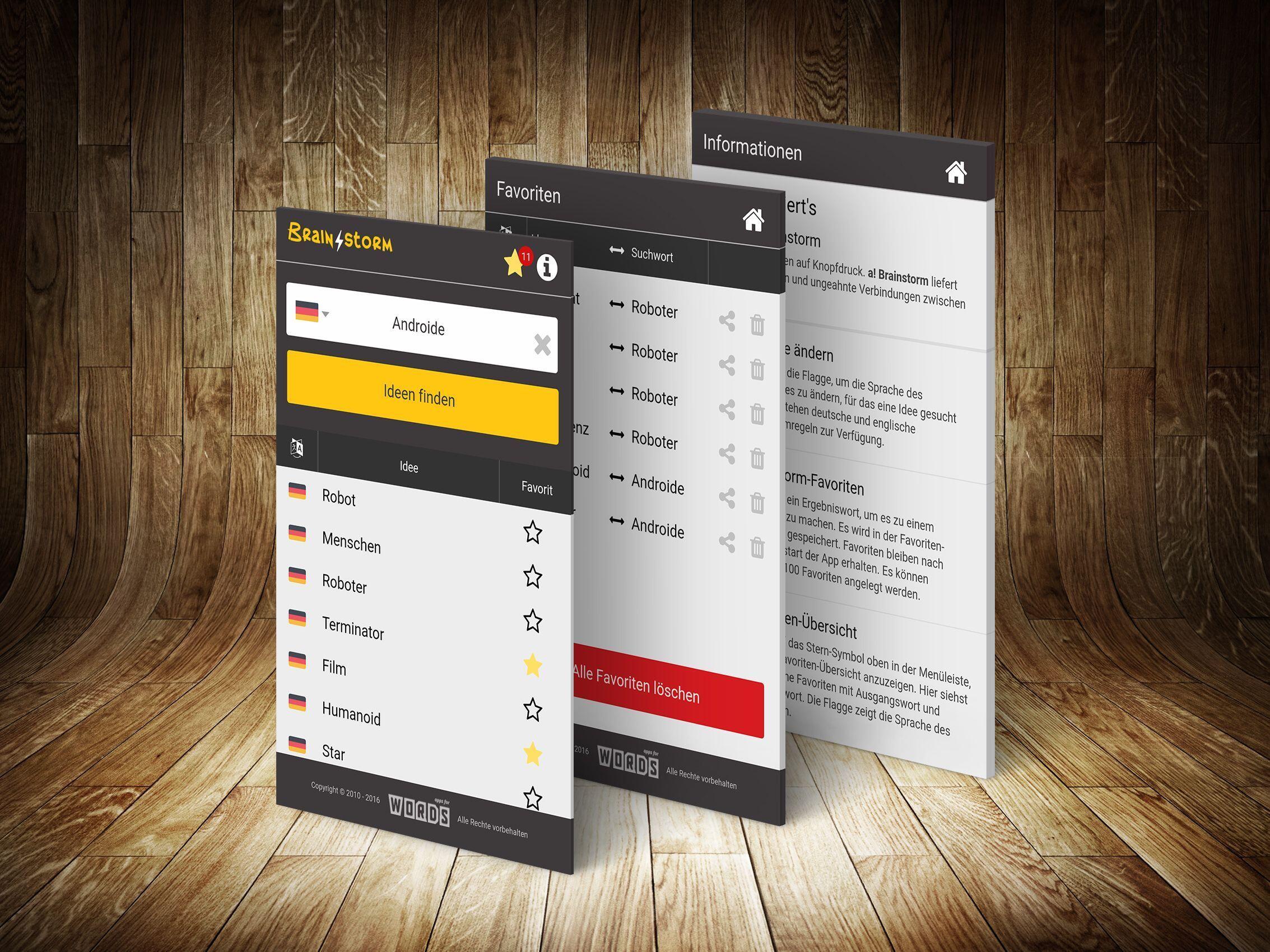 Apps for Words – Brainstorming Oberflächenentwurf der Apps-for-Words-Funktion „Brainstorming“.