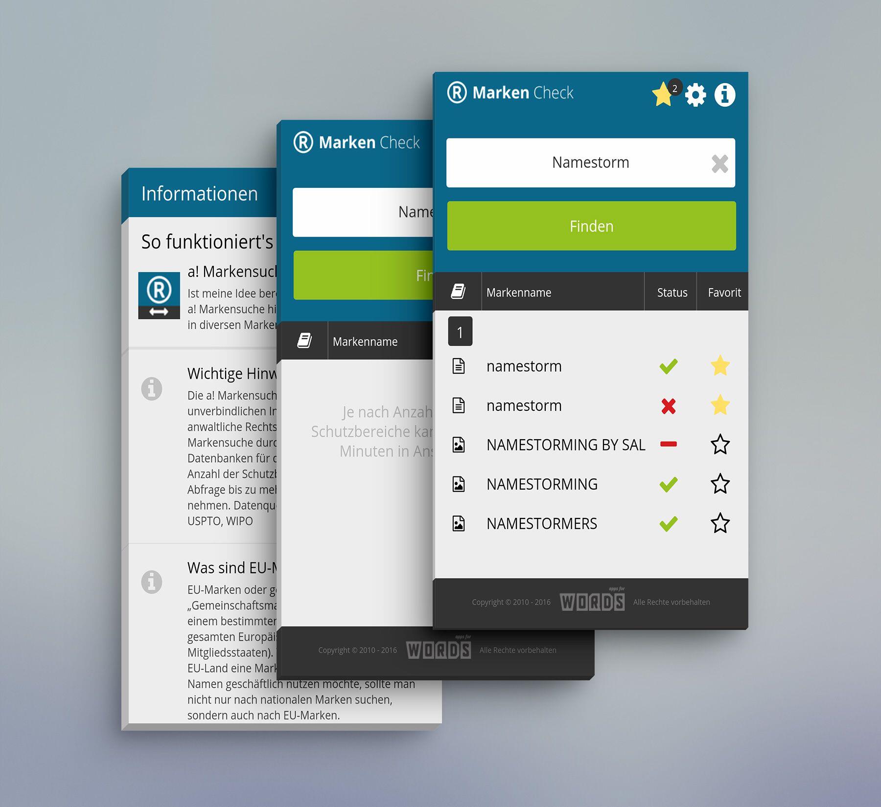 Apps for Words – Markenprüfung Oberflächenentwurf der Apps-for-Words-Funktion „Markenprüfung“.