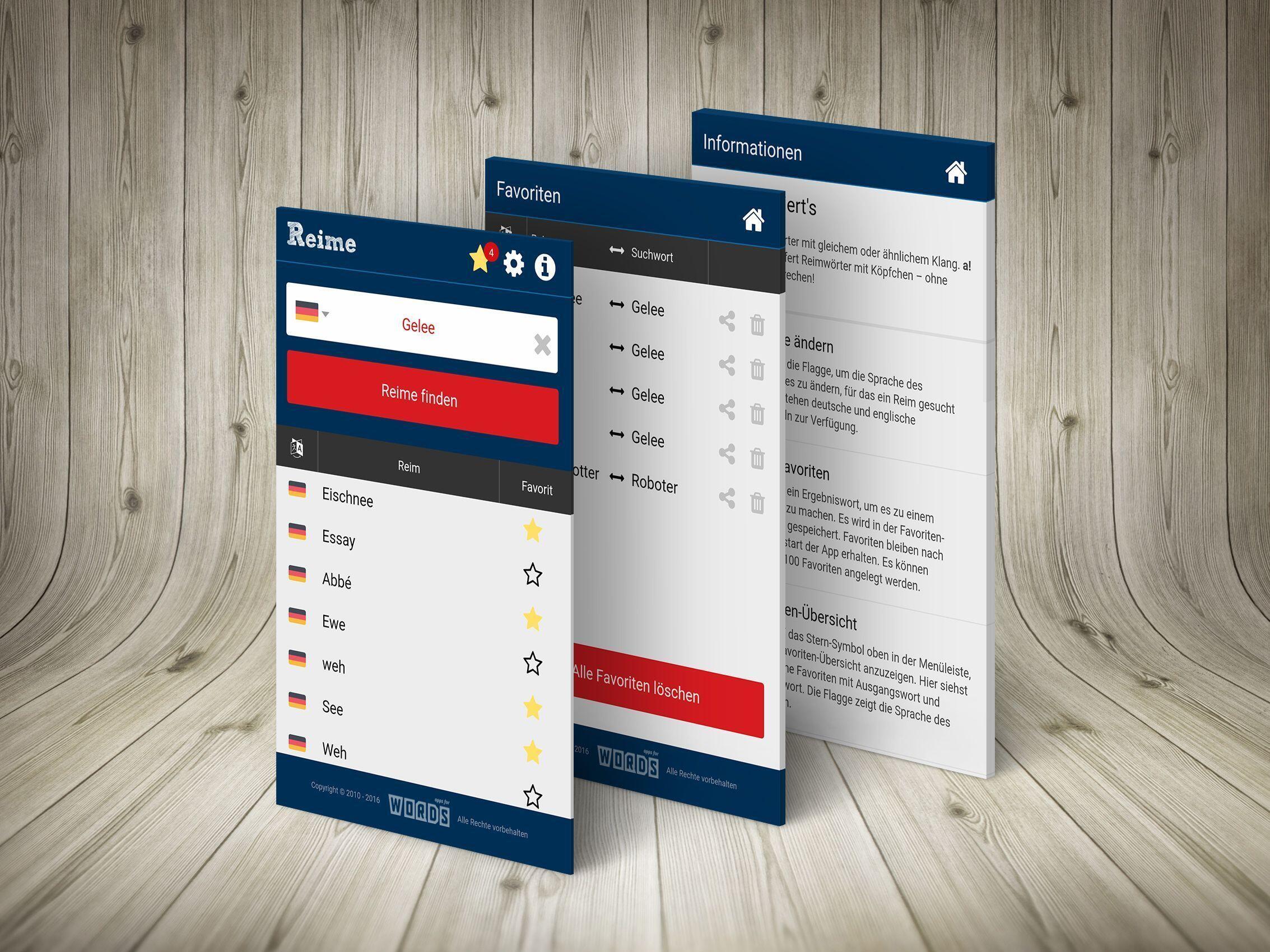 Apps for Words – Reime Oberflächenentwurf der Apps-for-Words-Funktion „Reime“.