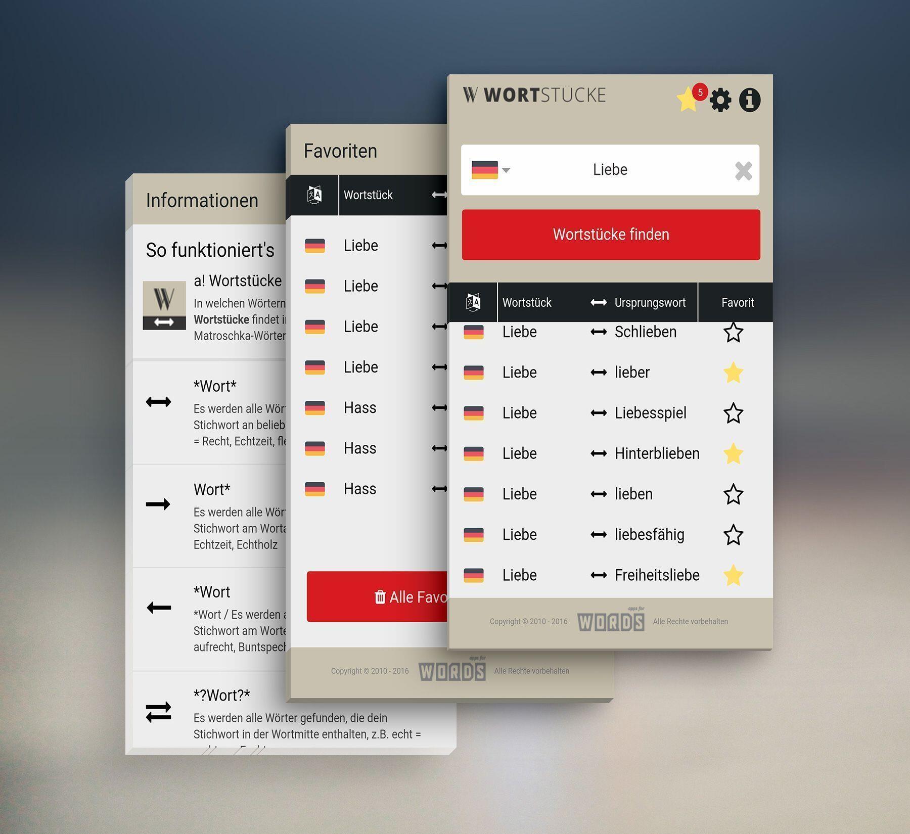 Apps for Words – Wortstücke Oberflächenentwurf der Apps-for-Words-Funktion „Wortstücke“.