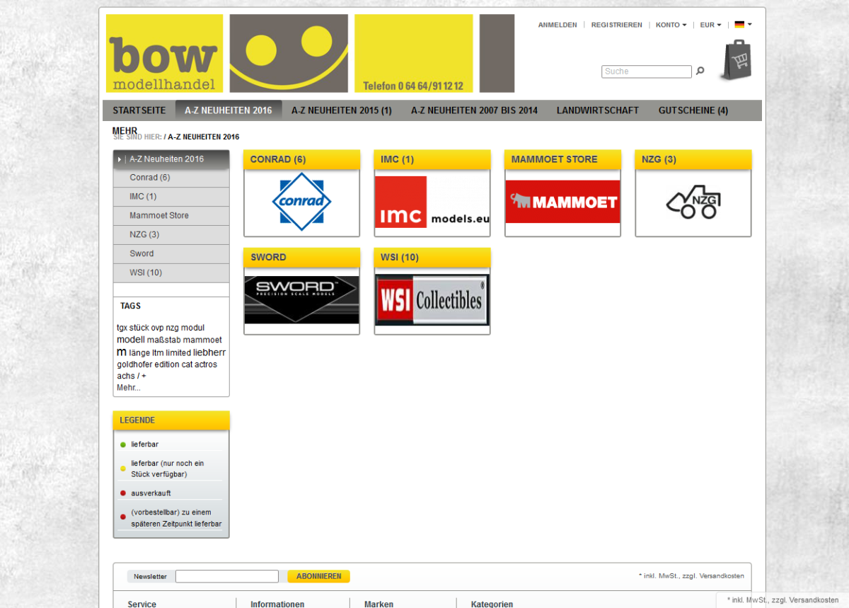 BOW Modellhandel – Kategorien Kategorien auf der Website von BOW Modellhandel.