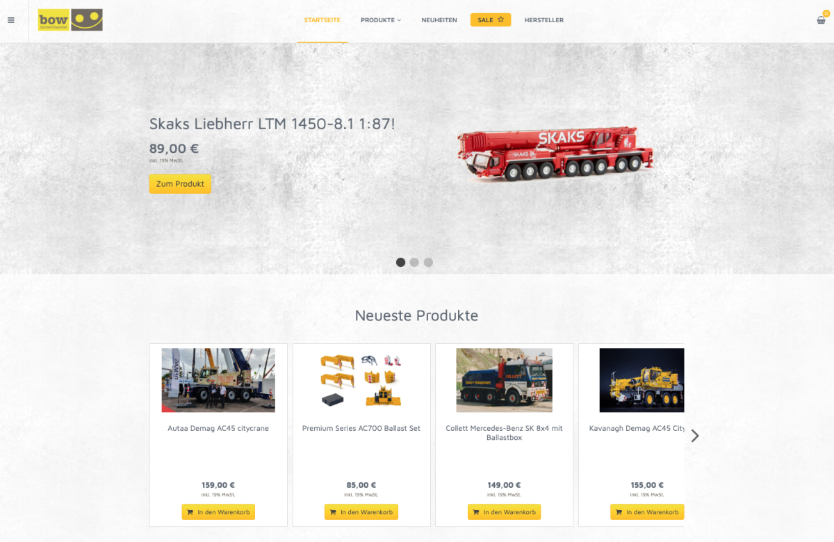 Startseite des BOW-Modellhandel-Shops mit Produktkategorien.