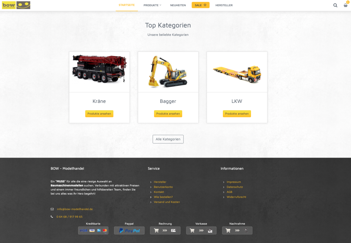 Top-Kategorien auf der Website von BOW Modellhandel.