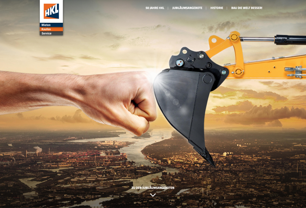 Grafik mit Hand, Baumaschine und Landschaft für „Bau die Welt besser“.