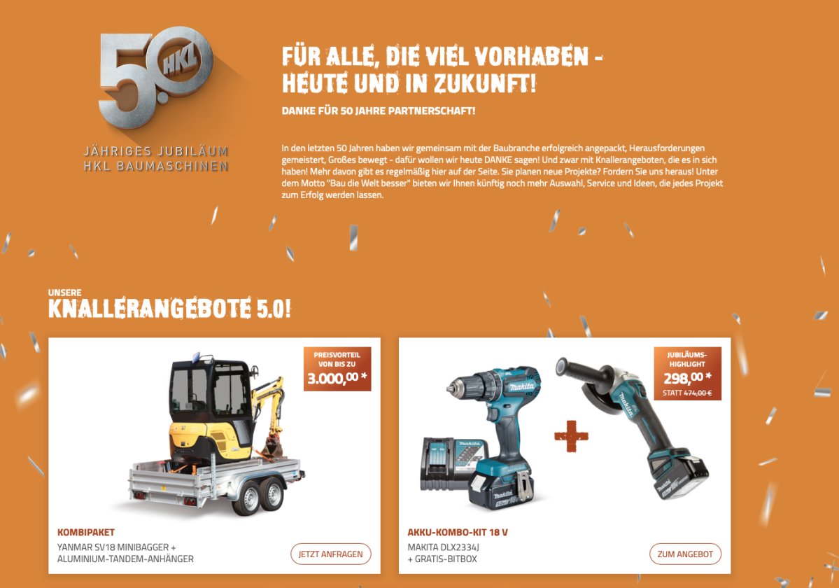 Orangefarbener Website-Bereich mit Baumaschinen und Werkzeugen.